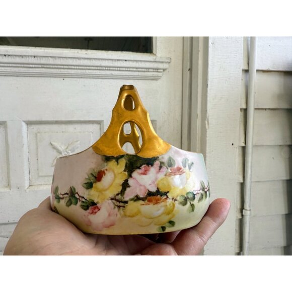 Antique 30's Austria Hand-Painted Floral Porcelain Basket With Gold Handle - Picture 7 of 14
